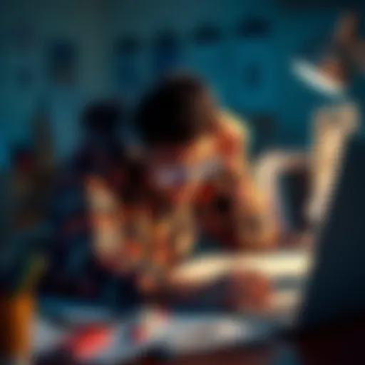 A motion designer looks stressed at their desk, surrounded by chaotic sketches and design tools, expressing frustration over unclear direction