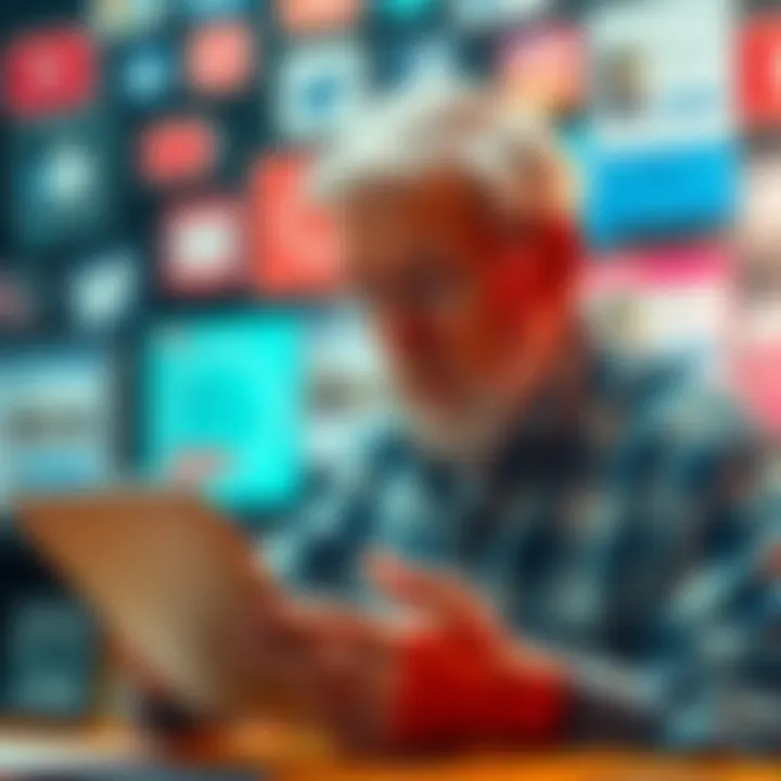 An older man looking confused while scrolling on Facebook, with social media icons and baffling posts in the background.