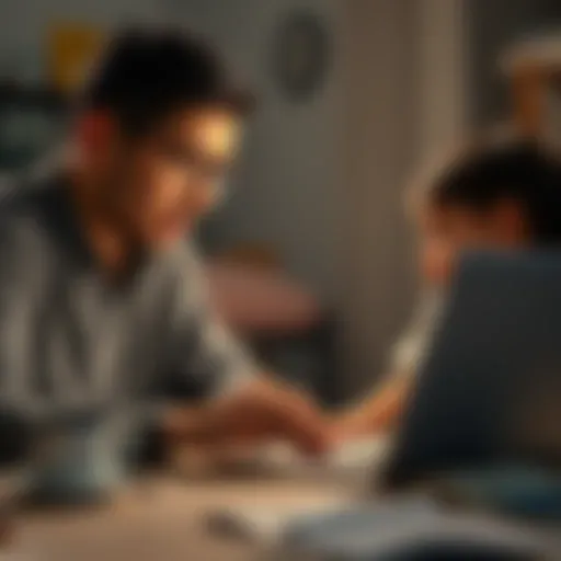 A parent looking upset while typing on a laptop, with a child playing nearby, highlighting concerns about parenting decisions impacting a community platform.