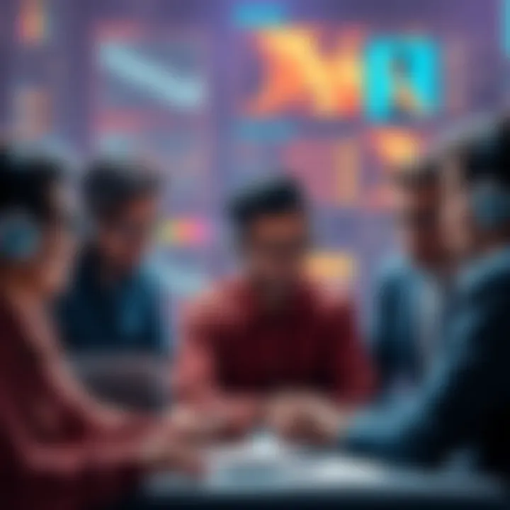 A group of people expressing frustration over the decline of discussions about AI art in a virtual forum, with visuals of low-quality posts and heated debates around them.