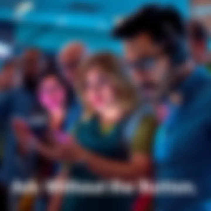 A group of people looking upset while using their devices, noticing the missing button for sliding ads up, showing their disappointment.
