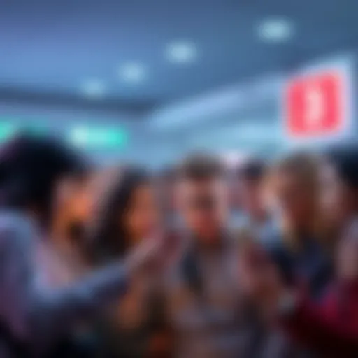 Group of people looking at their phones showing ads in a chat app, expressing frustration