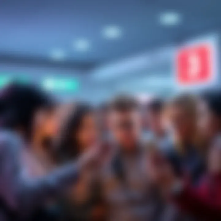 Group of people looking at their phones showing ads in a chat app, expressing frustration