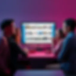 A group of diverse people expressing frustration over a computer screen showing repetitive content recommendations, indicating dissatisfaction with the algorithm.