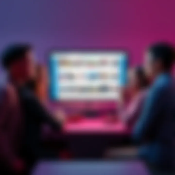 A group of diverse people expressing frustration over a computer screen showing repetitive content recommendations, indicating dissatisfaction with the algorithm.