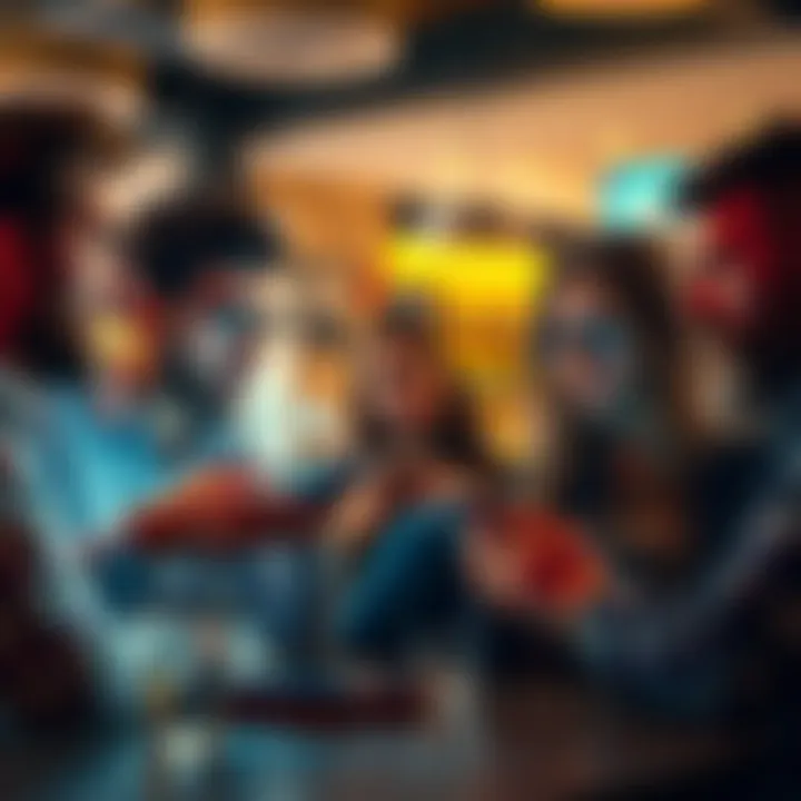 A group of people expressing frustration over a crumbling app while looking at their phones in a cafe.