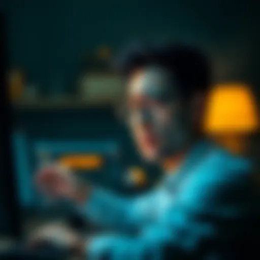 Frustrated Person with AI Interface A person looking frustrated while interacting with an AI interface on a computer, showing signs of confusion and disappointment.