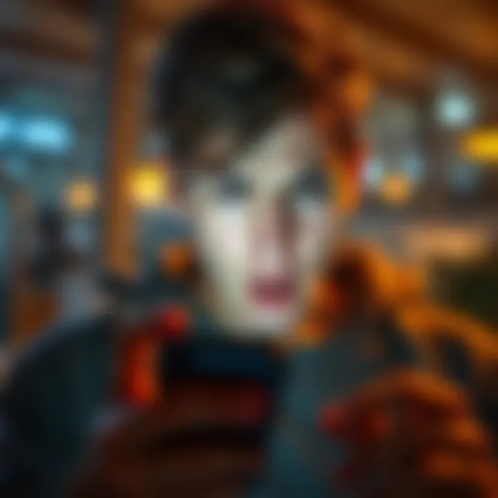 An individual showing annoyance while looking at a phone with a breathing reminder on the screen