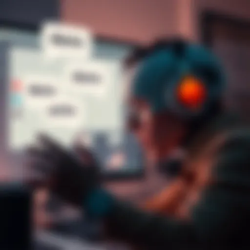 A person looking frustrated while interacting with a chatbot on a computer screen, with speech bubbles showing repeated words like 'damn' and 'insufferable'.