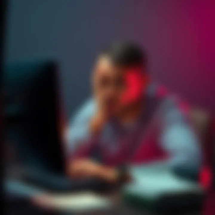 A person showing frustration while trying to chat on their computer, surrounded by documents related to age verification and identity