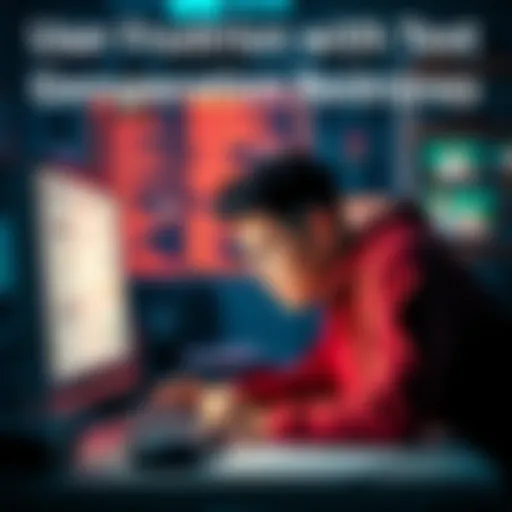 A person looks frustrated while sitting at a computer, staring at text generation responses on the screen.