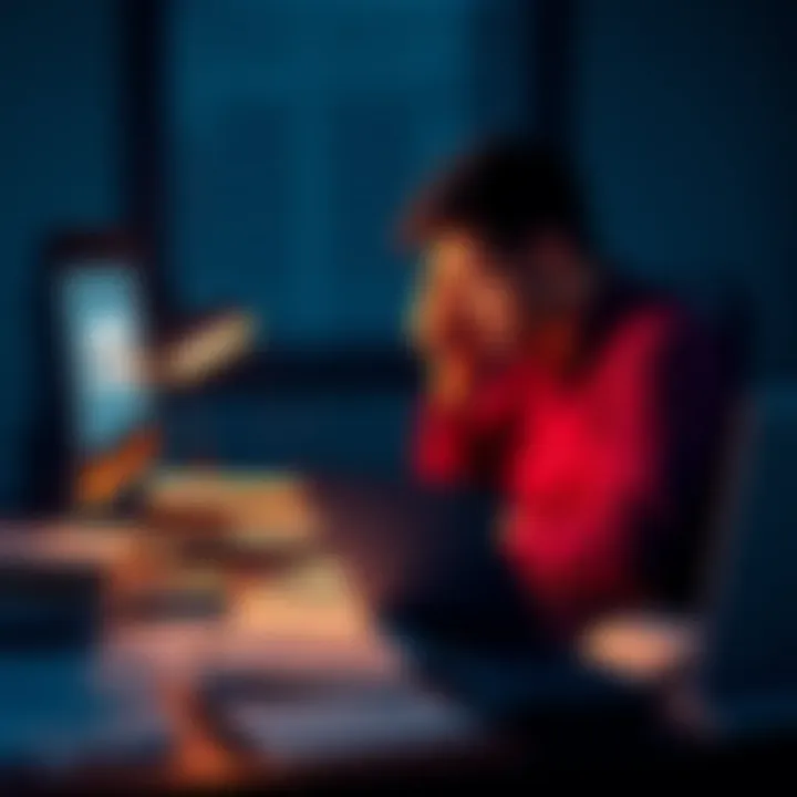 A person sitting at a desk surrounded by papers and a laptop, looking frustrated while checking subscription limits on a screen.