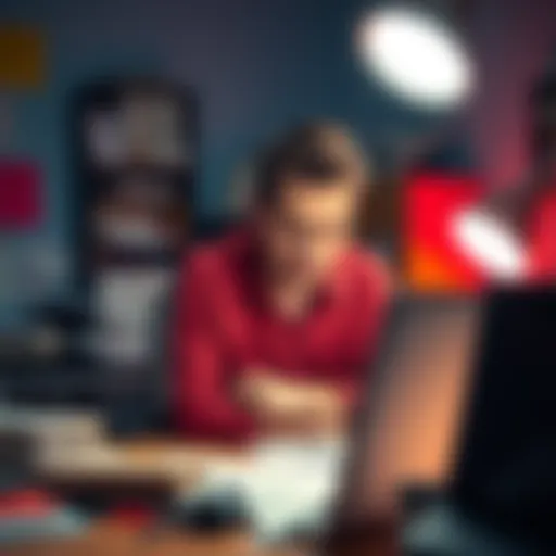 Person looking overwhelmed at a cluttered desk with paperwork and a laptop