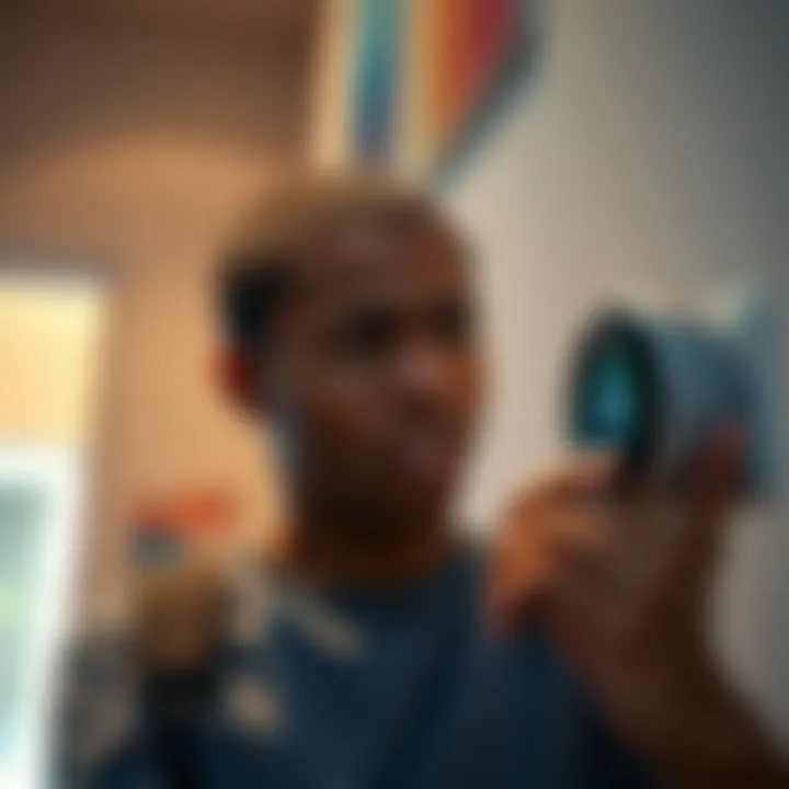 A person appears frustrated while checking a Nest thermostat that is not integrated with solar panels