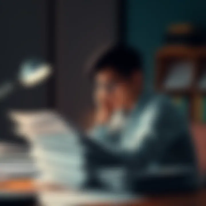 A person sits at a desk, looking stressed while reviewing a stack of paperwork related to a delayed case.