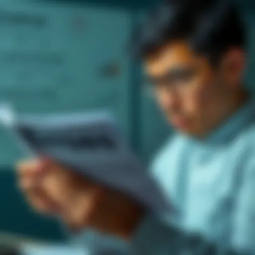 A person looks frustrated while reading a document filled with grammar mistakes, showing signs of annoyance.