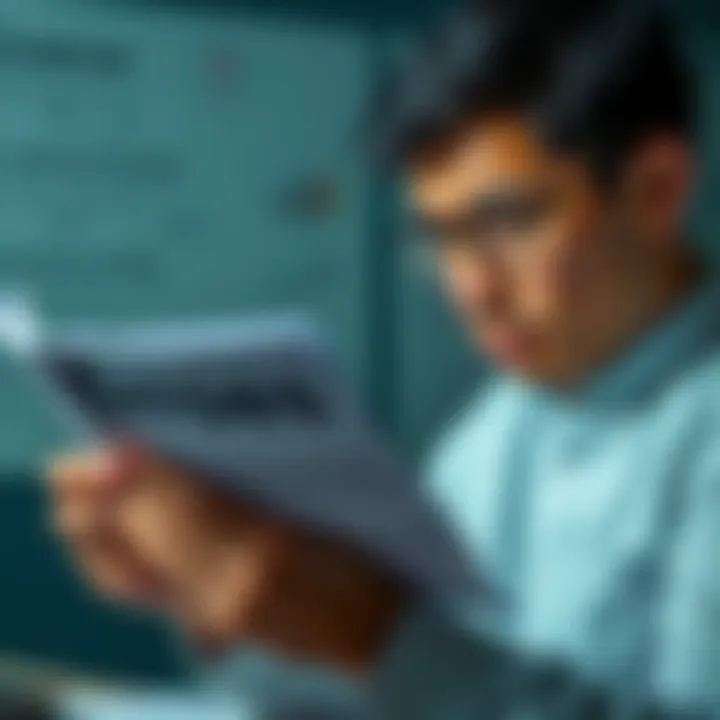 A person looks frustrated while reading a document filled with grammar mistakes, showing signs of annoyance.