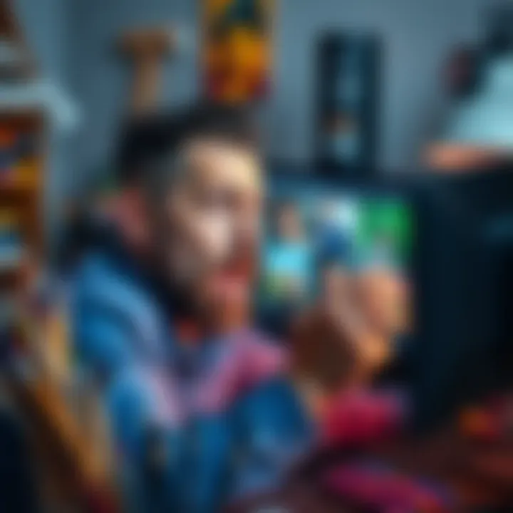 A person looking annoyed while browsing low-quality AI-generated images on a computer screen, surrounded by art supplies.