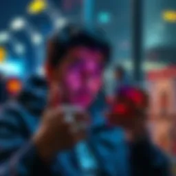 Person scrolling on a phone with reposts A person looking frustrated while scrolling through social media on a smartphone, showing repetitive reposts and propaganda on the screen