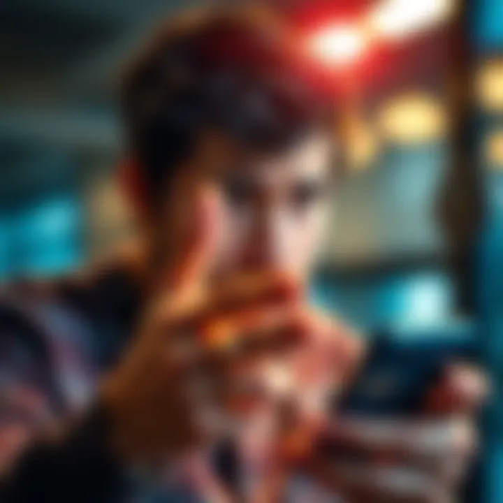 A person showing frustration while swiping on a smartphone screen, looking for a good response from a messaging app