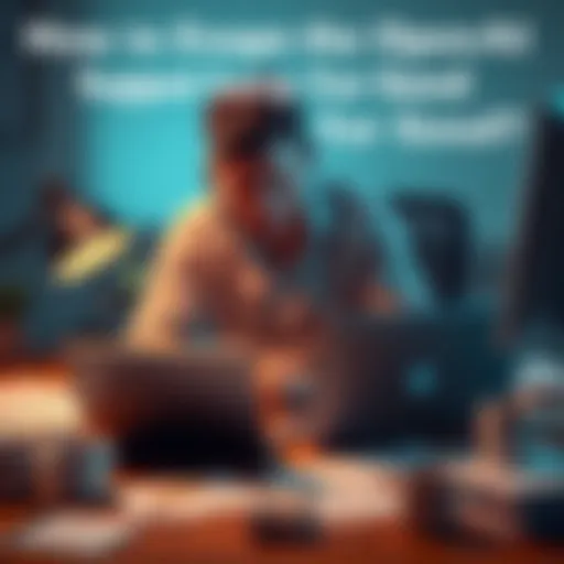 A person sitting at a desk looking frustrated while using a laptop, surrounded by papers and coffee cups, indicating a struggle with tech support.
