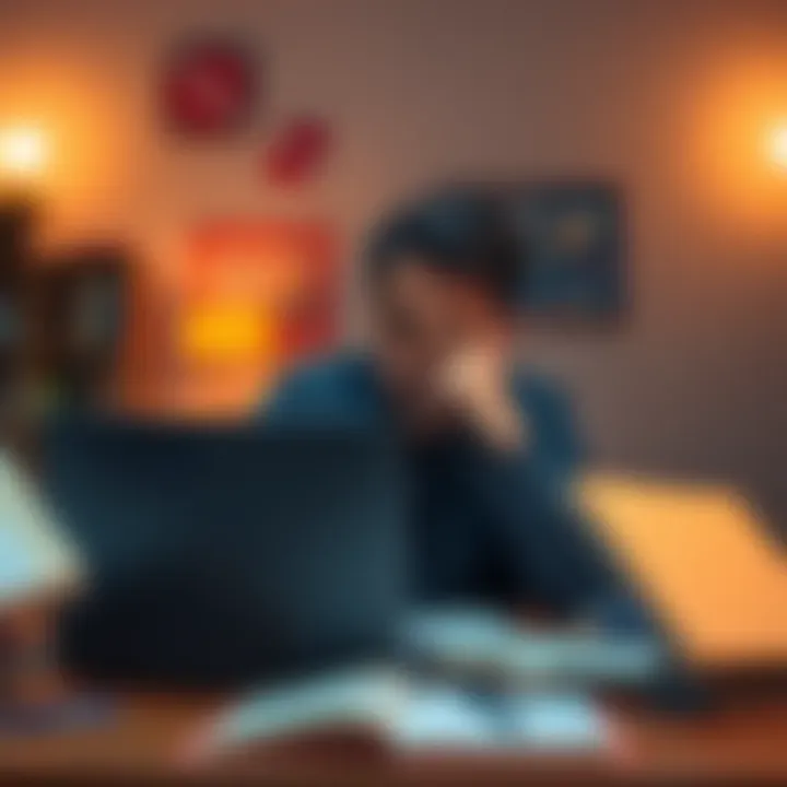 A frustrated individual sitting at a desk, studying a confusing tutorial on their laptop, surrounded by open books and notes, indicating a challenging learning experience.