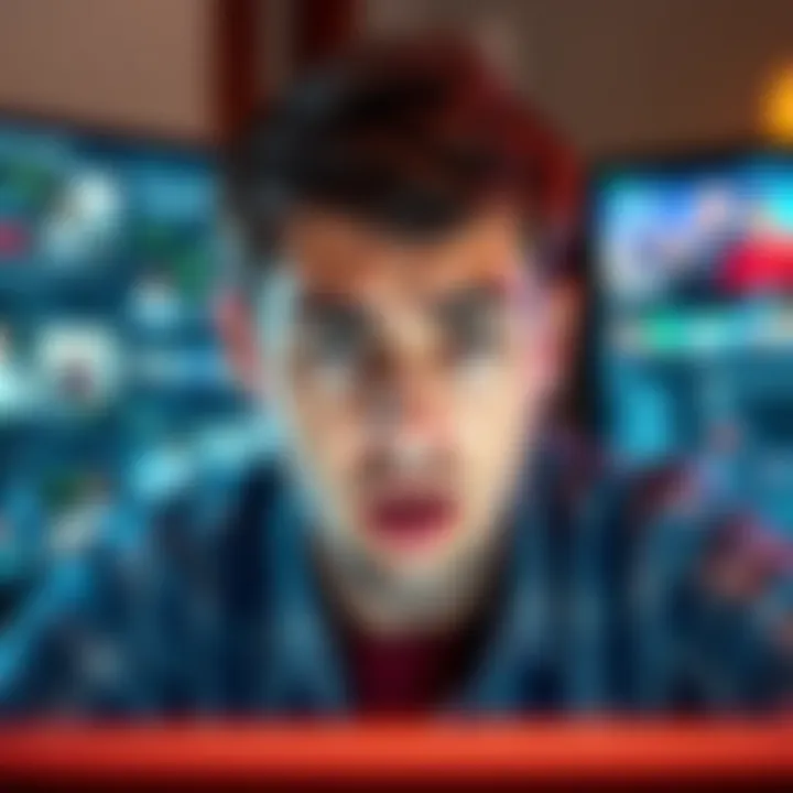 A person with a frustrated expression looking at a computer screen filled with unwanted content.