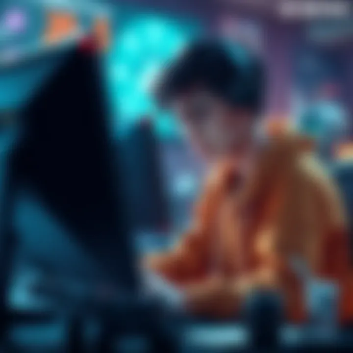A gamer sitting in front of a computer, looking frustrated as they interact with bots in an online roleplaying game.