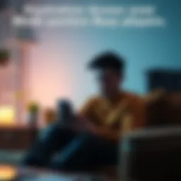A person sits on a couch, looking stressed while checking a mobile game that shows a timer and limited energy levels.