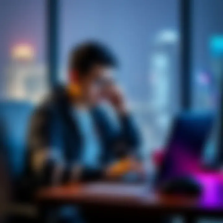 A person sitting at a desk with a laptop looking frustrated over blank messages in a roleplay chat