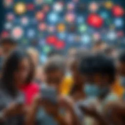 A group of diverse people expressing frustration over their phones, surrounded by social media icons