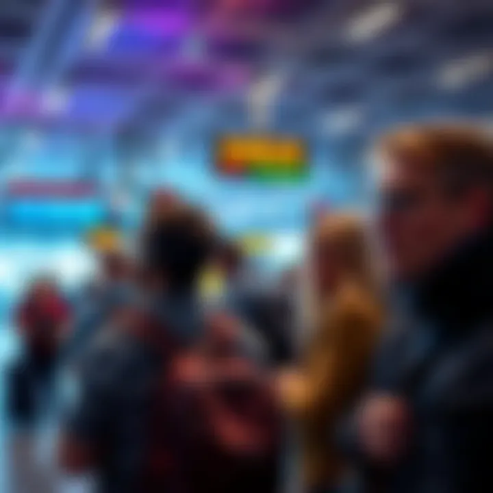 A group of travelers looking at screens with error messages at the airport, showing signs of frustration and confusion.