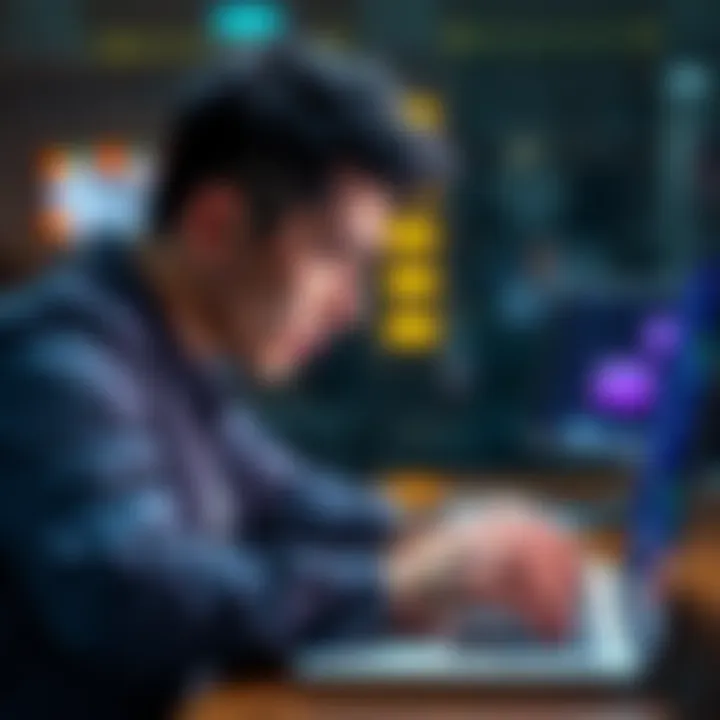 A person looking frustrated while typing on a laptop with an AI chatbot interface on the screen