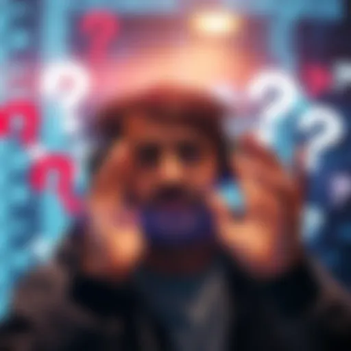 A person looking confused while interacting with an AI chatbot on a screen, surrounded by question marks indicating frustration with unclear answers.