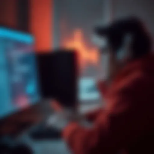 A person looking frustrated while typing on a computer, with a chatbot interface displayed on the screen