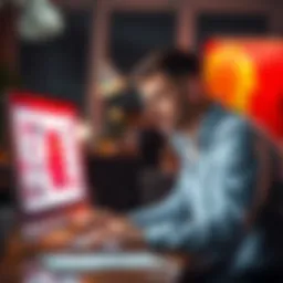 A person showing frustration while working on a computer, looking at clothing mockups that are unclear or unsatisfactory.