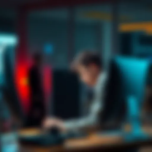 A frustrated person sitting at a desk with a computer, looking confused as they deal with lost project details.