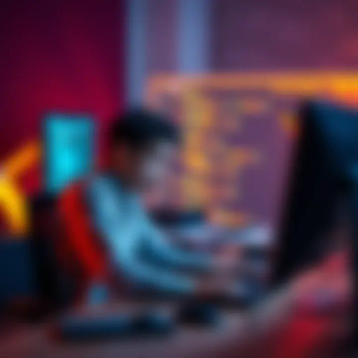 A frustrated person sitting at a desk, looking disappointed while using a computer with coding screens visible.