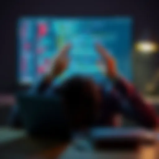 A person showing frustration while looking at a messy code notebook on a laptop screen