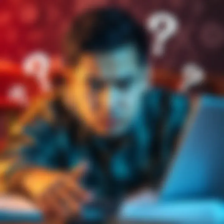 Frustrated user with math problems A person looking at a laptop screen, showing a frown while working on math tasks, with question marks around them.