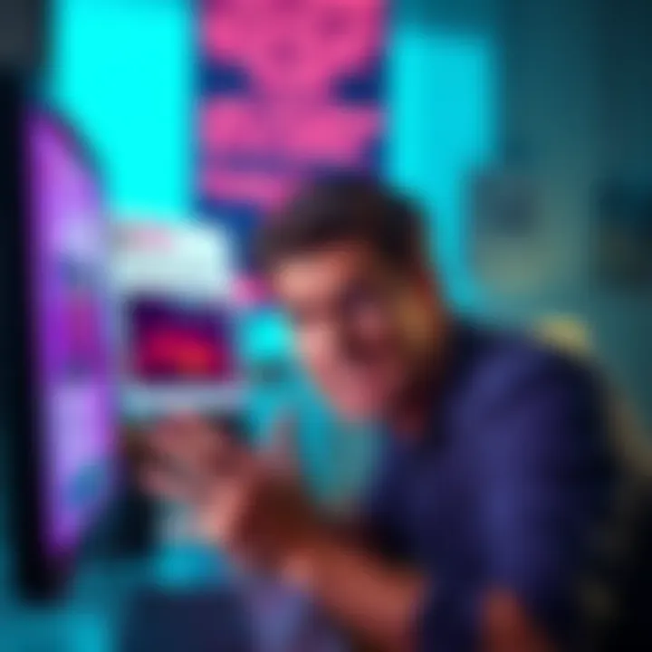 A person looking annoyed at their computer screen with chat service pop-ups appearing, showing subscription promotions.