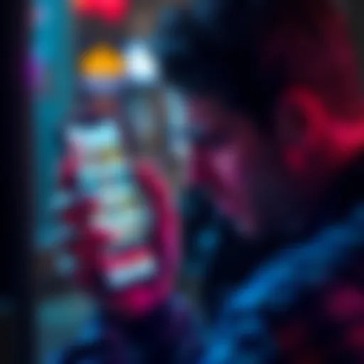 A frustrated person swiping on a phone displaying a dating app, with a disappointed expression on their face and bots showing up instead of real profiles