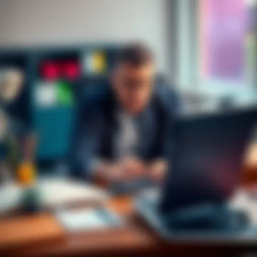 Frustrated user at a computer A person sitting at a desk, looking frustrated while typing on a laptop with notes and books around them, expressing disappointment with writing tools.