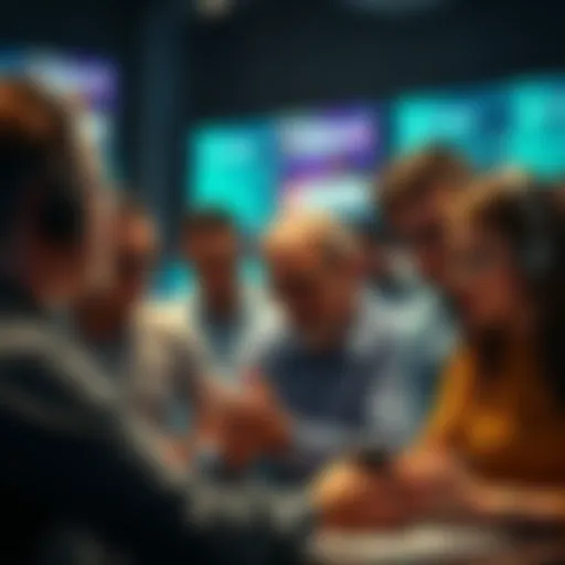 A group of people discussing their frustrations with ChatGPT's performance on forums. Some are looking at screens, showing signs of disappointment.