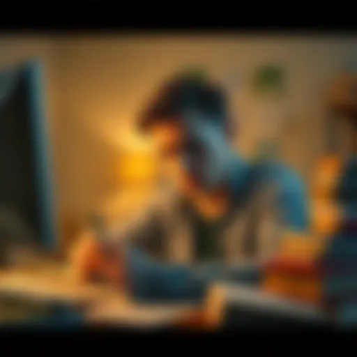 A person looking at a computer screen with a frustrated expression, surrounded by notes and books on Russian literature.