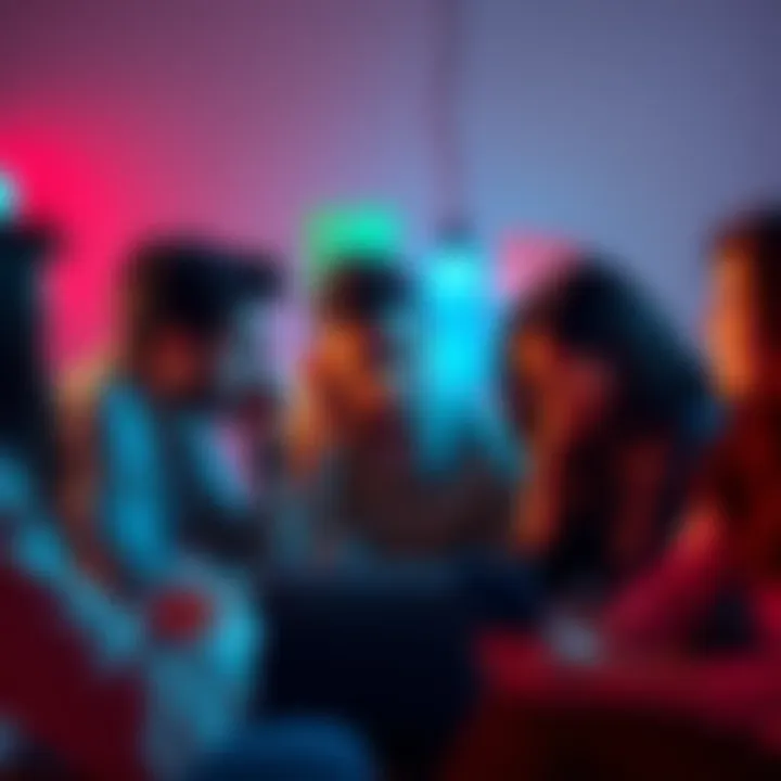 A group of people expressing frustration while chatting online about censorship issues in 18+ chat rooms.