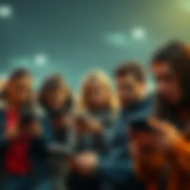 A group of people looking annoyed as they scroll through repetitive content on their devices