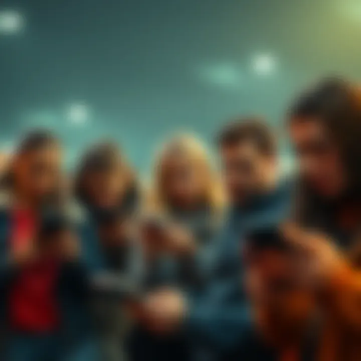A group of people looking annoyed as they scroll through repetitive content on their devices