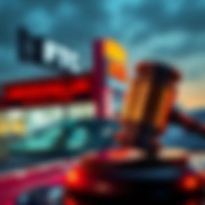 A car dealership with a sign advertising unavailable vehicles, alongside a gavel symbolizing legal action by the FTC