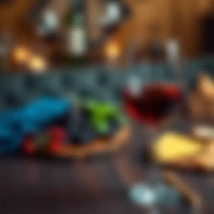 A filled glass of red wine on a wooden table with a cheese platter in the background